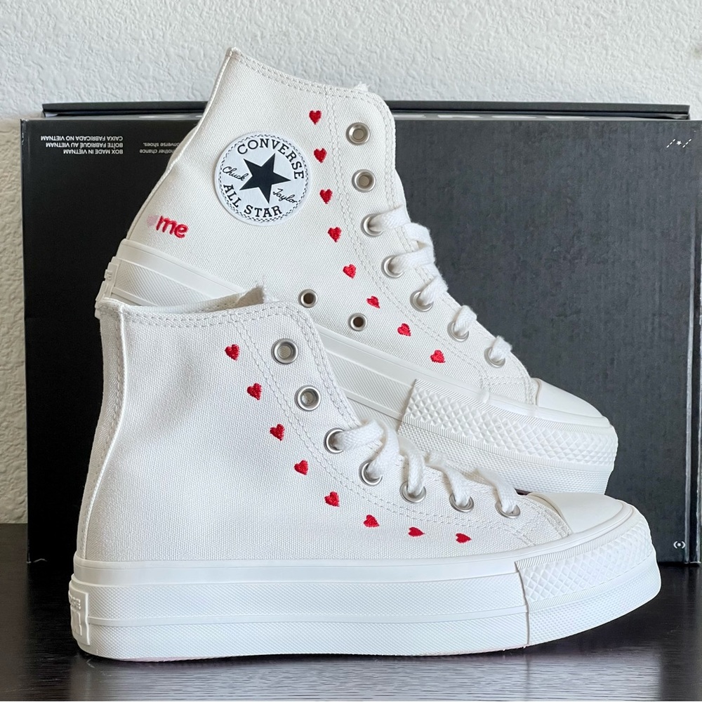 Converse Valentine's Day Lift Platform Shoe White with Embroidered Hearts